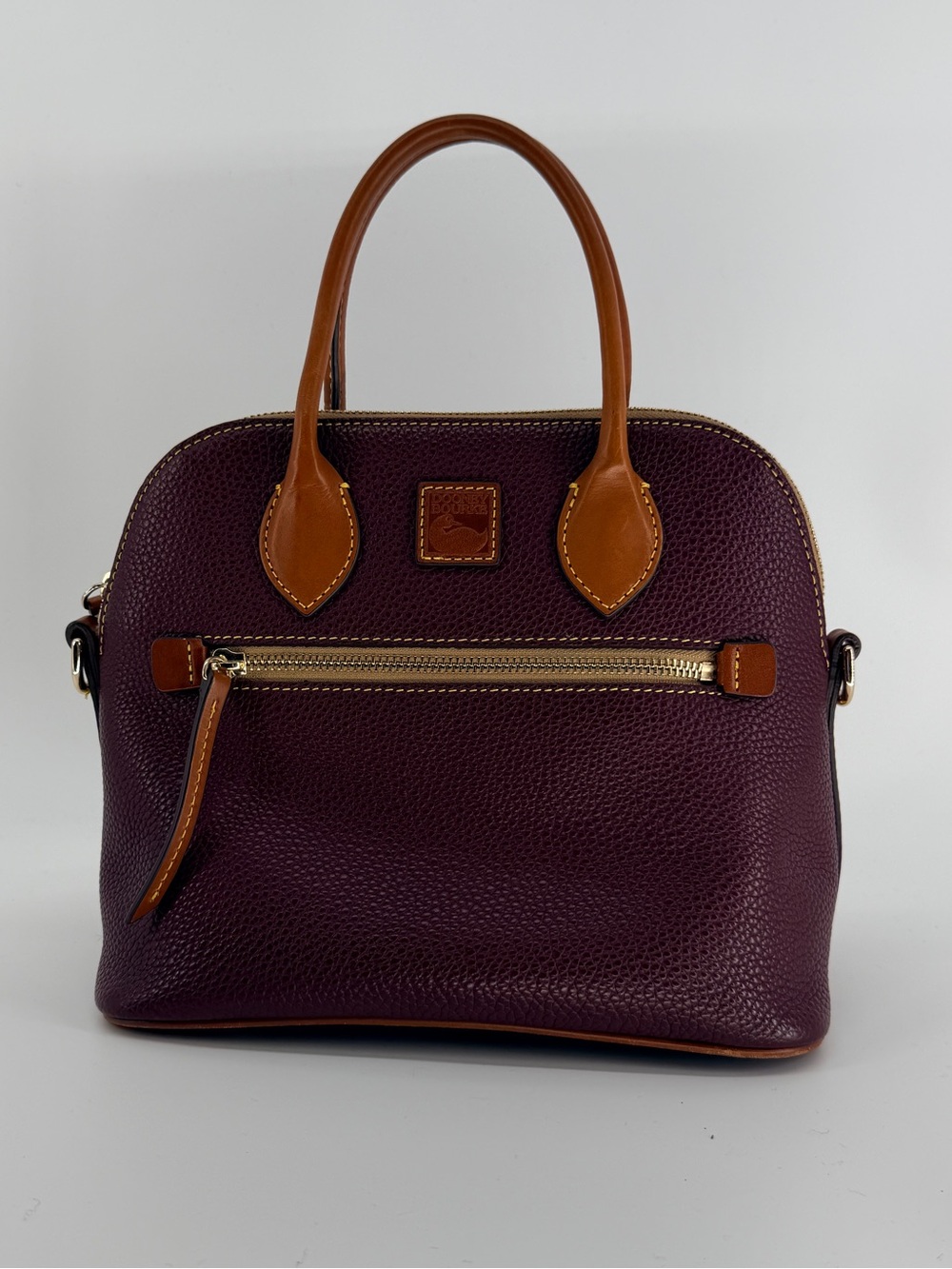 Dooney & Bourke Plum Pebbled Leather Dome Satchel Cognac Trim Preppy